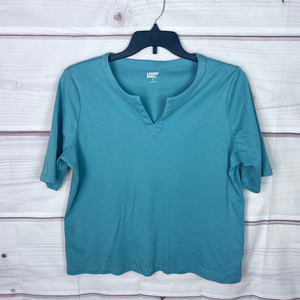Lands End Top Womens XL Green Short Sleeve T-Shirt Split Neck Cotton Blend Knit
